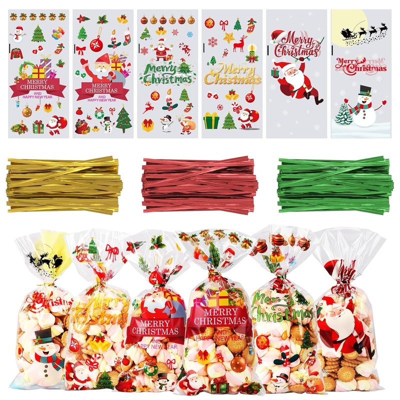 OWill 120 Pcs Christmas Sweet Bags,Christmas Cellophane Bags with Colorful Twist Ties, Gift Bags for Sweets Party Christmas and Festivals -27 * 13cm - Image 1